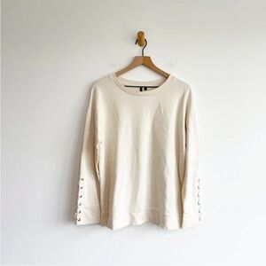 Joe's Collection Women's Sweater Distressed Hem Lace Up Sleeves Beige Size Large